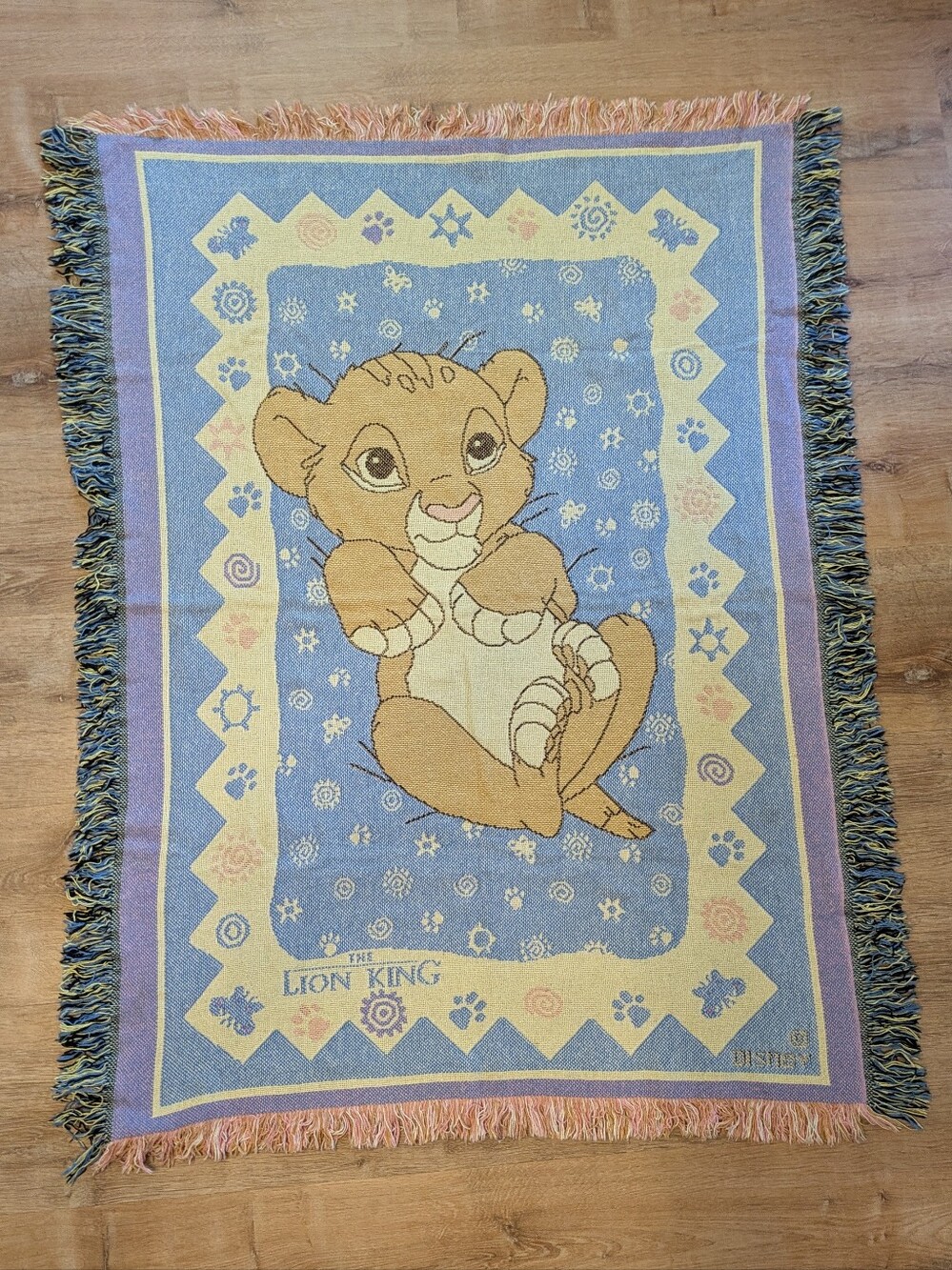 Vintage 90s Disneys The Lion King Baby Simba Jacquard Blanket, Blue & Yellow